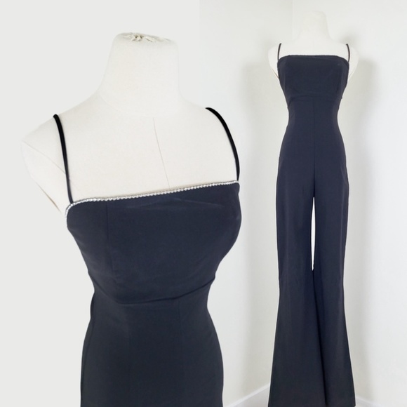 Y2K Rhinestone Flared Jumpsuit Spaghetti Straps Square neckline bell bottoms - Picture 2 of 16